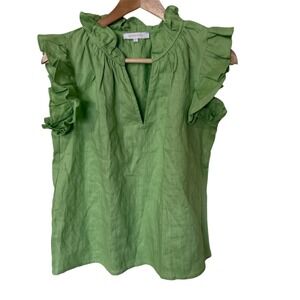 OLIVACEOUS Green Linen Ruffle V Neck Sleeveless Top Women's Size‎ M
